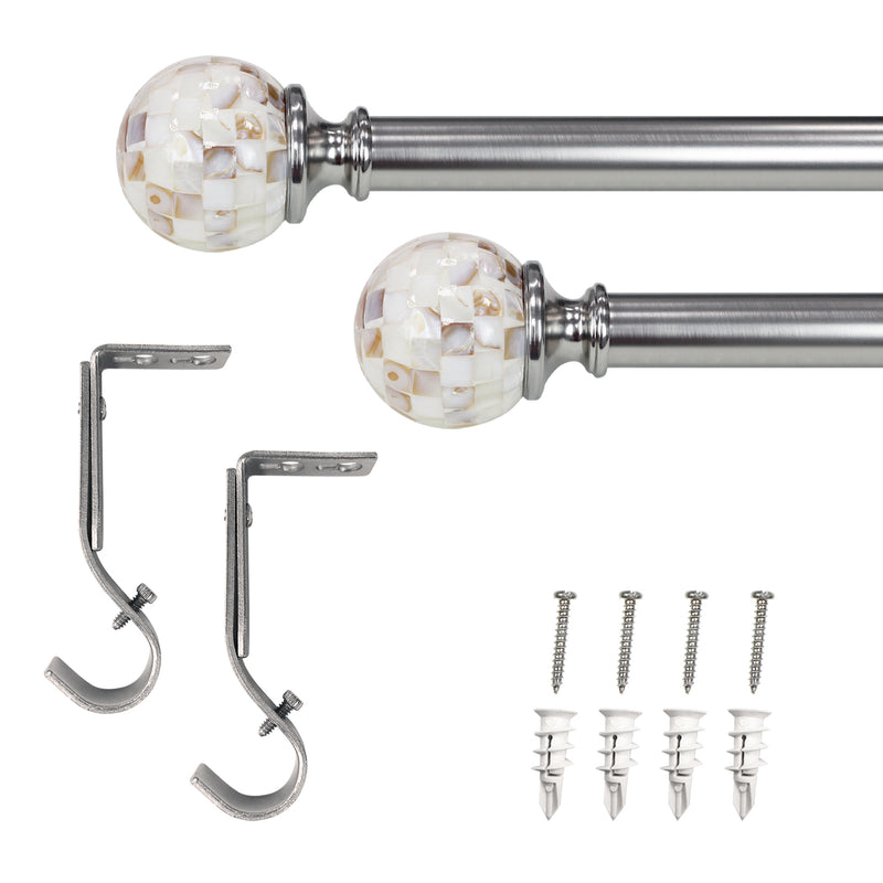 1" Drapery Single Curtain Rod Set with Decorative Shell Ball finials_Brushed Nickel