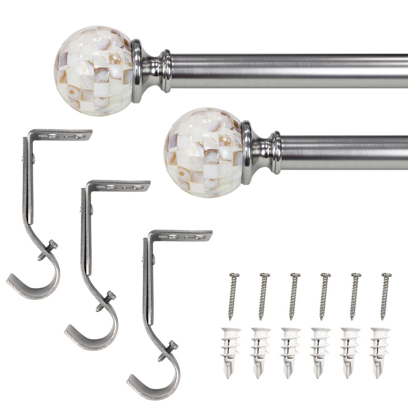 1" Drapery Single Curtain Rod Set with Decorative Shell Ball finials_Brushed Nickel