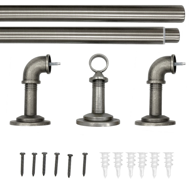 1" Metal Industrial Pipe Curtain Rod, Matte Black/Antique Pewter, 36-72" & 72-144"