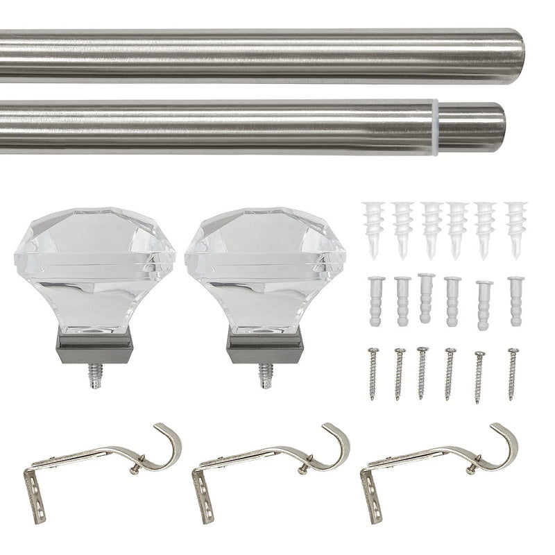 1"dia. Acrylic/Glass Faceted Square Curtain Rod, Brushed Nickel, 36-72" & 72-144"