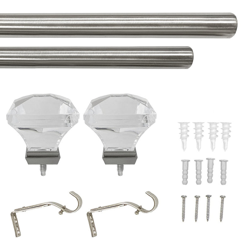 1"dia. Acrylic/Glass Faceted Square Curtain Rod, Brushed Nickel, 36-72" & 72-144"
