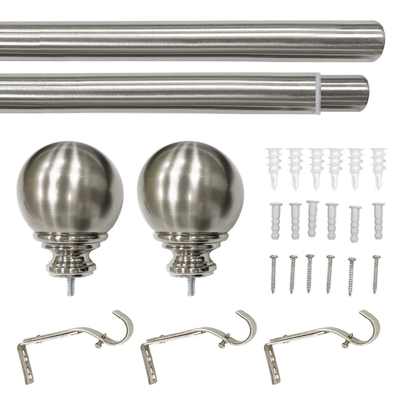 1" Metal Ball Curtain Rod, Brushed Nickel, 36-72" & 72-144"