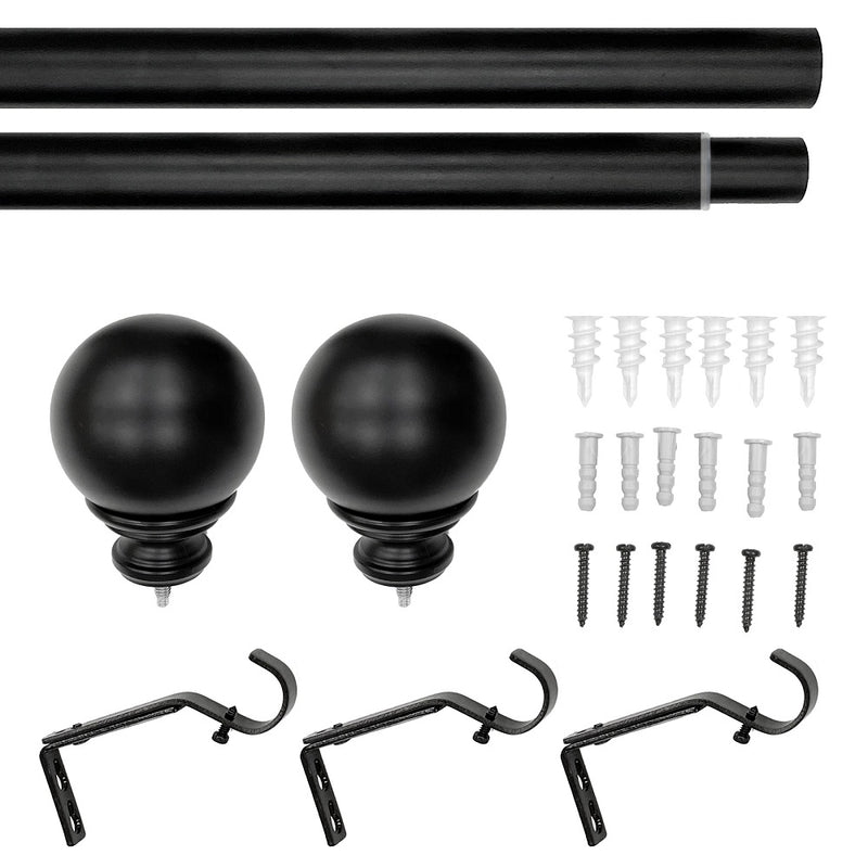 1" Metal Ball Curtain Rod, Matte Black, 36-72" & 72-144"