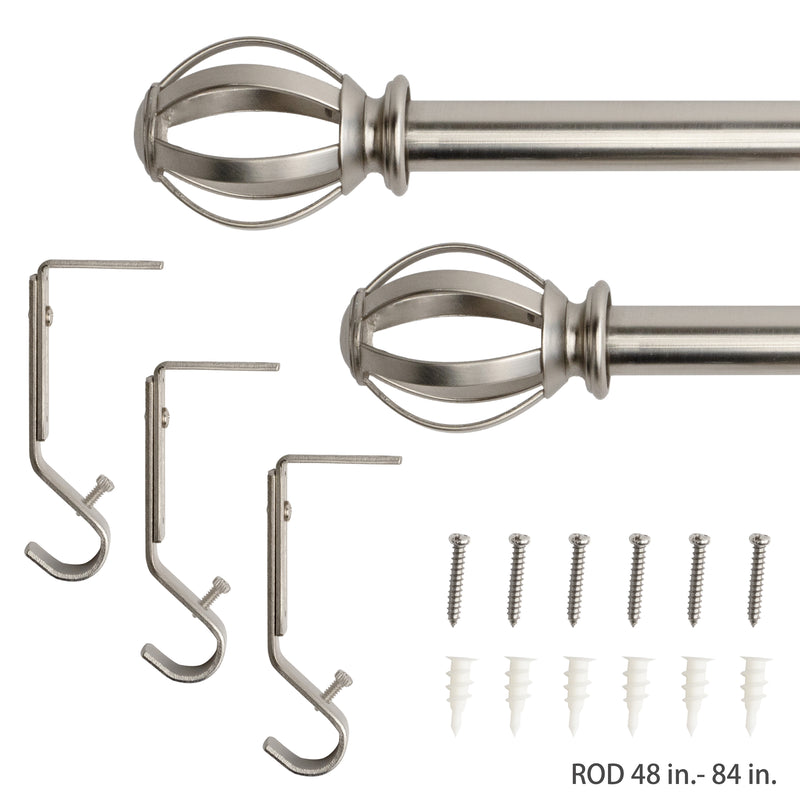 5/8" Drapery Single Curtain Rod Set with Cage Ball Finials_Brushed Nickel