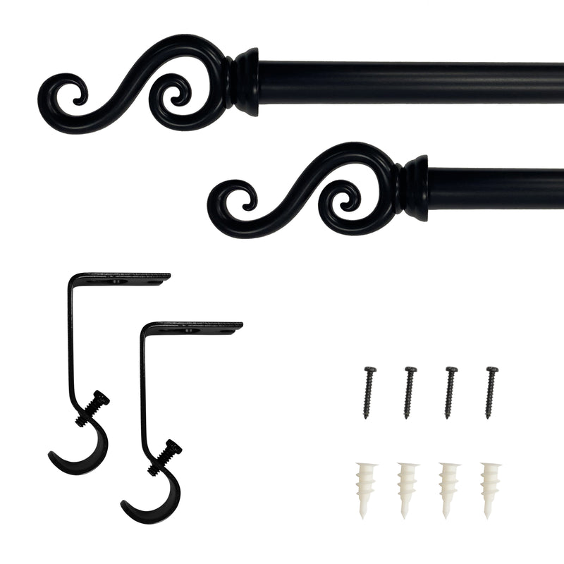 5/8" Drapery Single Curtain Rod Set with Scroll Finials_Black