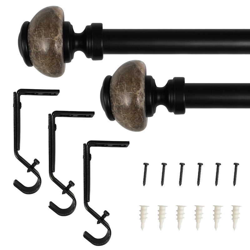 3/4" Drapery Single Curtain Rod Set with Natural Marble finials_Matte Black