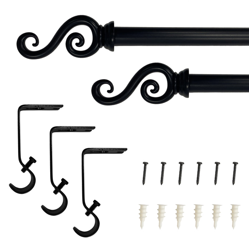 5/8" Drapery Single Curtain Rod Set with Scroll Finials_Black